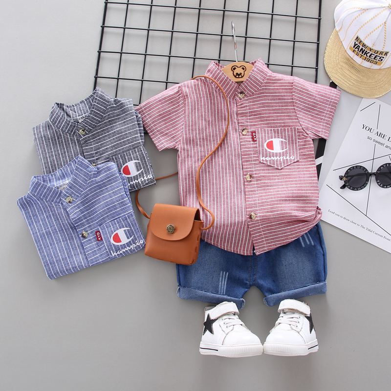 Striped red label short sleeve shirt suit